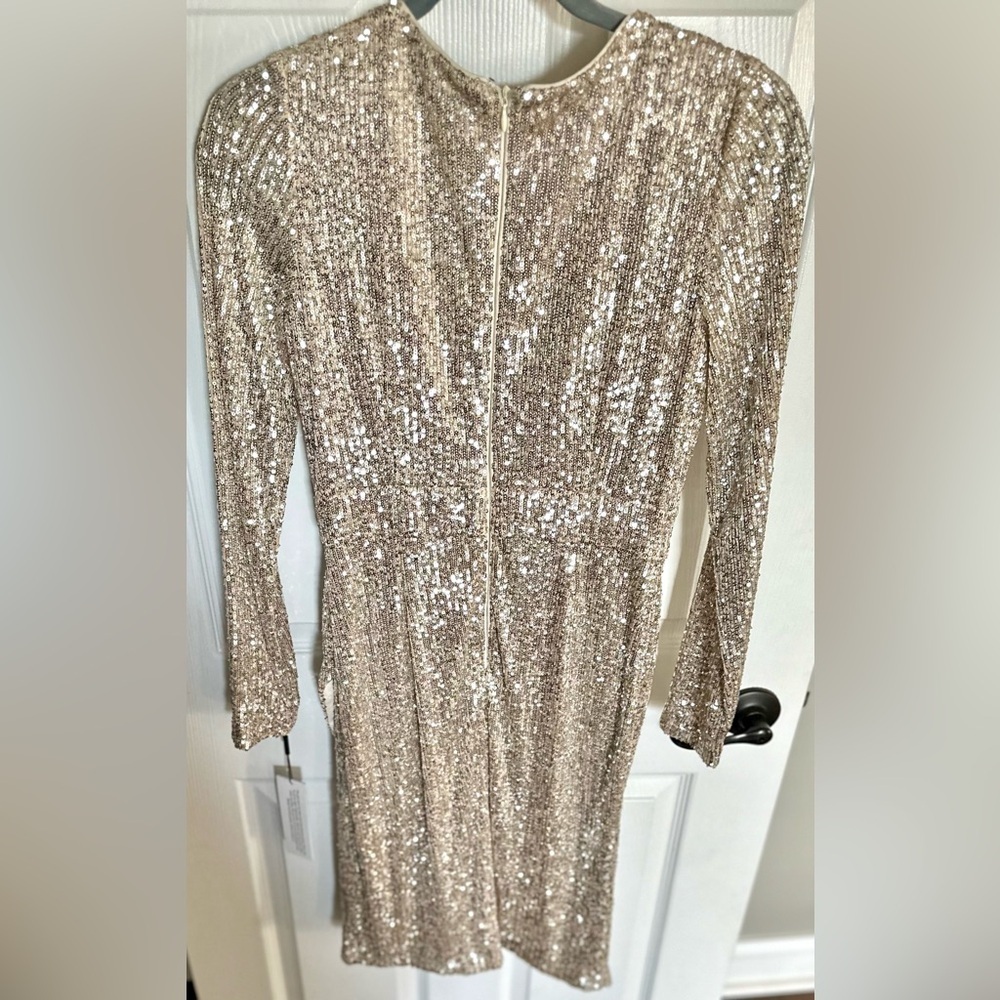 RARE CALVIN KLEIN NWT Sequined Faux-Wrap Dress in Light Gold—4 - Picture 10 of 13